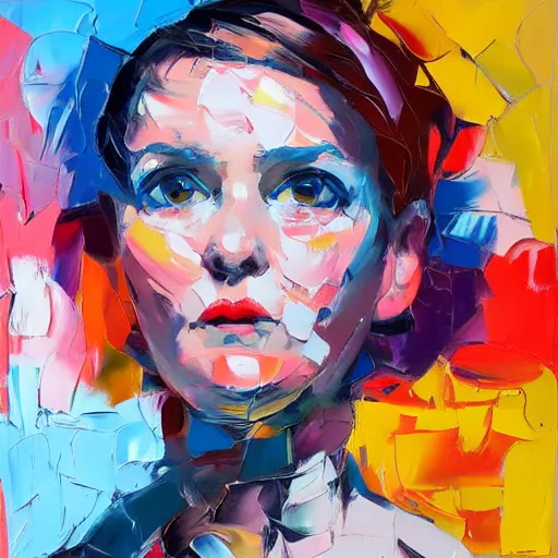 Image similar to highly detailed palette knife oil painting of a woman in the style of Francoise Nielly