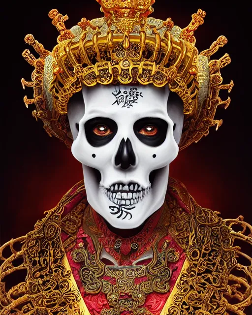 Prompt: portrait of skeleton emperor, glowing demonic energy crown, upper half portrait, decorated with chinese opera motifs, asian, bian lian, traditional chinese art, intricate, elegant, highly detailed, symmetry, digital painting, artstation, concept art, smooth, sharp focus, illustration, art by artgerm and greg rutkowski and alphonse mucha, 8 k