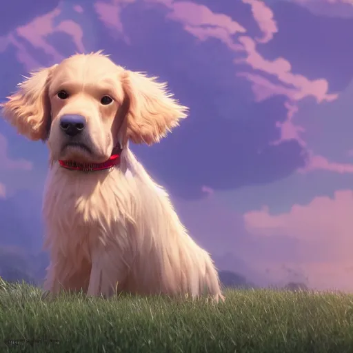 Prompt: a wholesome animation key shot of a cream colored cocker spaniel, studio ghibli, pixar and disney animation, sharp, rendered in unreal engine 5, anime key art by greg rutkowski, bloom, dramatic lighting