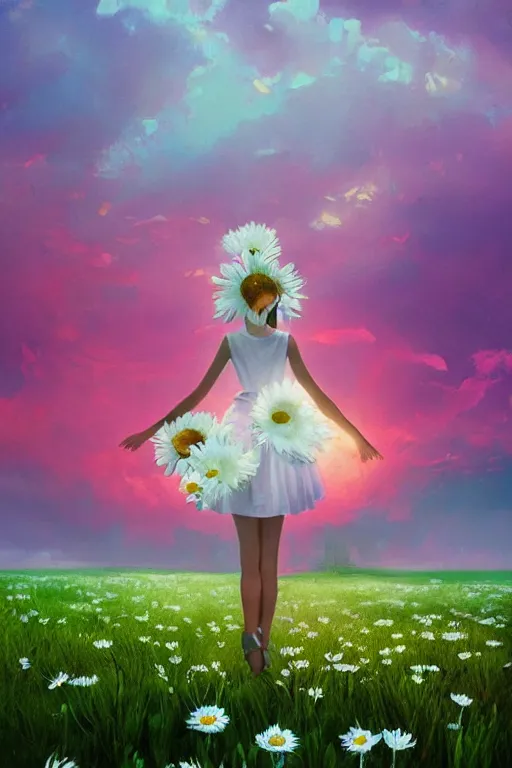 Image similar to giant white daisy flower as head, legs girl dancing in a flower field, surreal photography, sunrise, dramatic light, impressionist painting, colorful clouds, digital painting, artstation, simon stalenhag