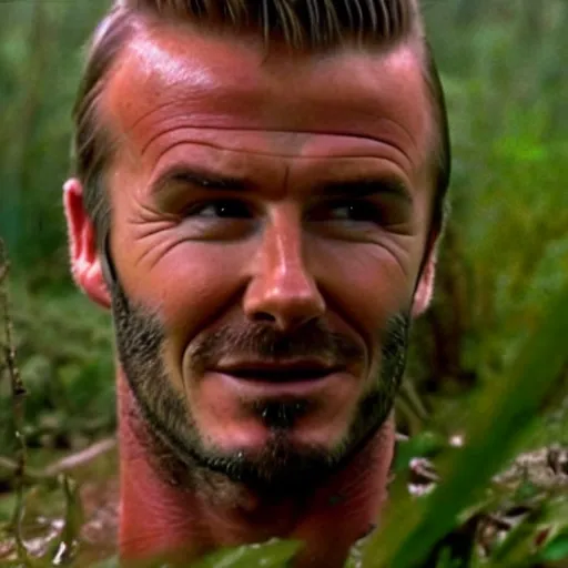 Image similar to cinematic still of david beckham wearing manchester united uniform, covered in mud and watching a predator in a swamp in 1 9 8 7 movie predator, hd, 4 k