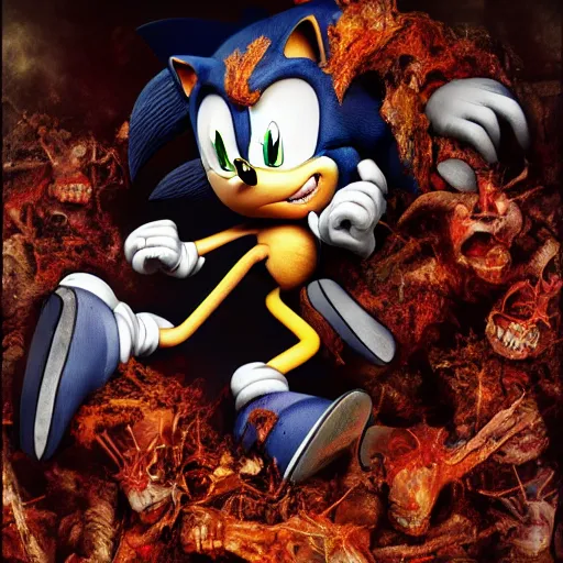 Prompt: sonic decaying and rotting in hell