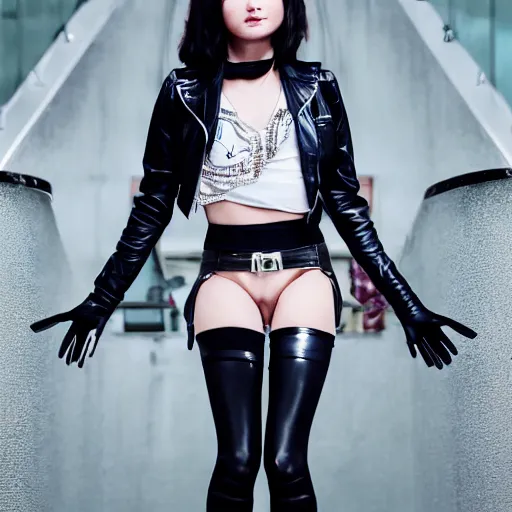 Image similar to a dynamic, epic cinematic 8K HD movie shot of a japanese beautiful cute young J-Pop idol actress yakuza rock star girl wearing leather jacket, miniskirt, nylon tights, high heels boots, gloves and jewelry. Motion, VFX, Inspirational arthouse, at Behance, with Instagram filters