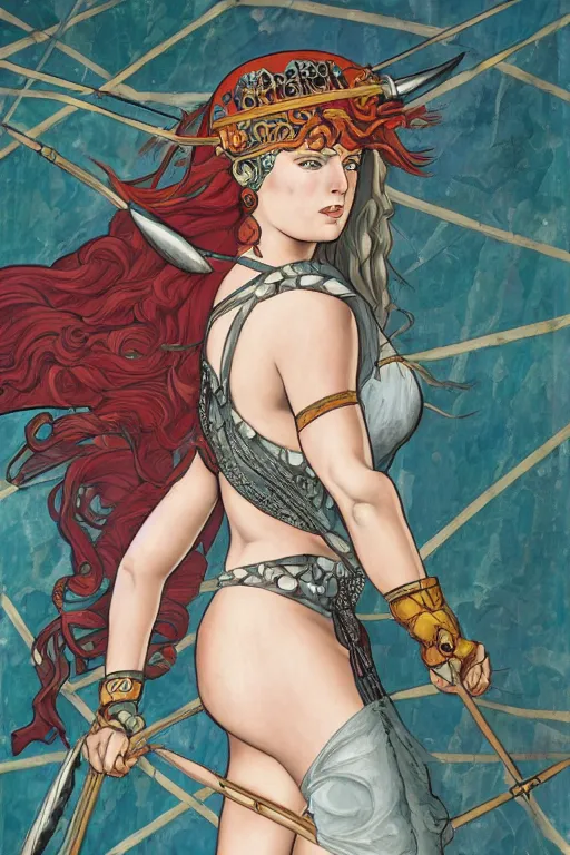 Prompt: boudica the barbarian queen, in a mixed style of Botticelli and Æon Flux, inspired by pre-raphaelite paintings and shoujo manga, a battlefield in the background, hyper detailed, stunning inking lines, stunning gradient colors, 4K photorealistic