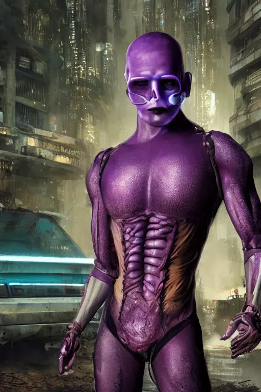 Prompt: A highly detailed rendered, close portrait of a mutant ringer, half human, in purple spandex suit, with scars on his face, high tech equipement attached to the body, in a tropical and dystopic city, in front of a garage, dried palmtrees, thick dust and red tones, bladerunner, cyberpunk, lost city, hyper-realistic environment, Epic concept art. Warhammer 40k