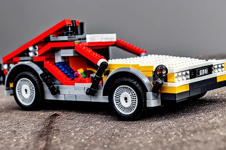 Image similar to lego 2 0 2 2 delorean time machine being dragged by a tow truck