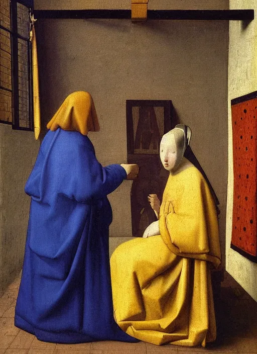 Image similar to artist painting, medieval painting by jan van eyck, johannes vermeer, florence