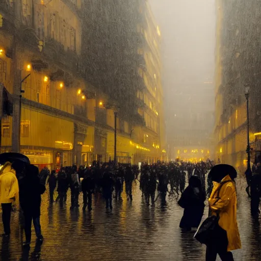 Prompt: A man in a yellow raincoat in a black city surrounded by people wearing brown rain coats. Dreary, dreamlike.