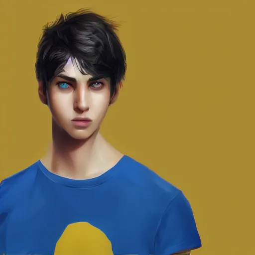 Image similar to ultra realistic illustration, a young man with black hair, in a yellow t - shirt, with blue eyes, highly detailed, digital painting, artstation, concept art, smooth, sharp focus, illustration