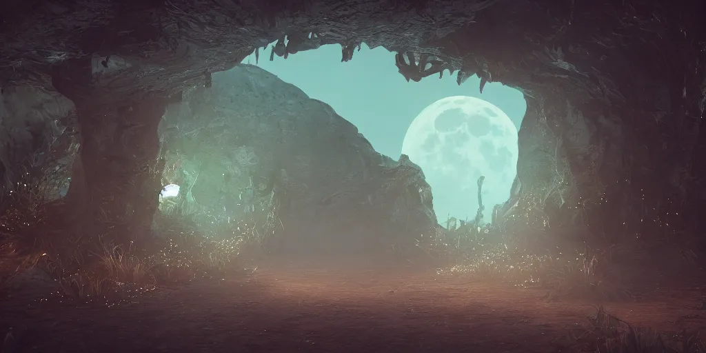 Image similar to dusky secret gateway on a spooky biome, foggs, full moon, behance, artstation, unreal render, unreal engine 5, octane, smooth, 8k