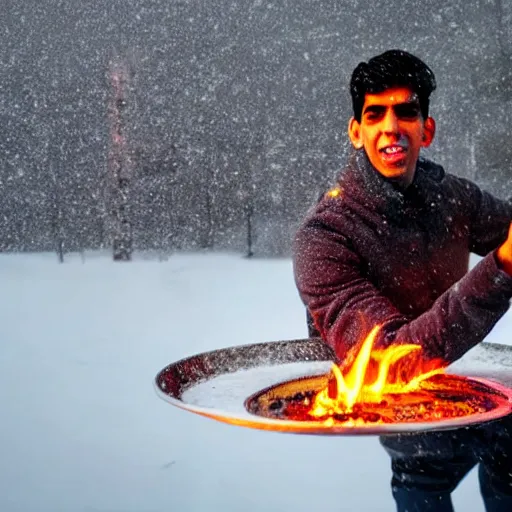 Prompt: photo of rishi sunak throwing money into a fire in a cold house