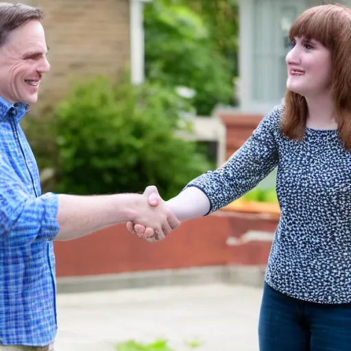 Image similar to jerma985 shaking hands with Cathy Mitchell, wide shot, 4k, professional photography, detailed, film still