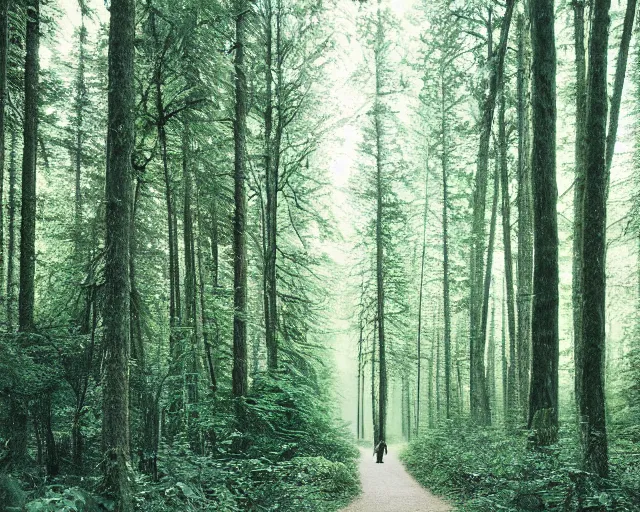 Image similar to a person walking through a forest with tall trees, a photo by kazys varnelis, trending on flickr, naturalism, photo taken with provia, photo taken with ektachrome, photo taken with fujifilm superia