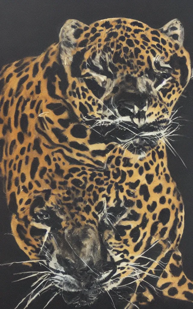 Prompt: a jaguar velvet painting on black velvet, kitcsh inspired by edgar leetag, paint on black velvet canvas, american velvet painting, veveltaria, minimalist, black space 8 x 1 0