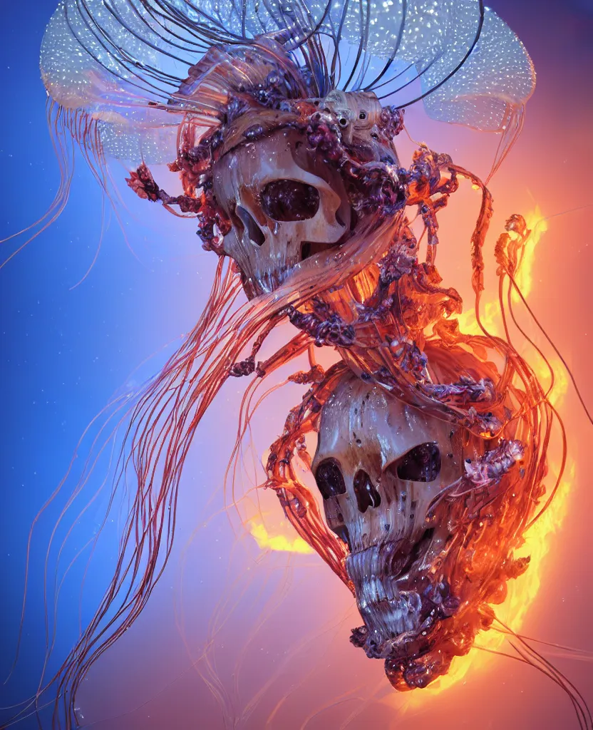 Image similar to close-up portrait of the face of a beautiful princess in a twisted flowers jellyfish mask in a spaceman suit surrounded by energy flow, epic angle and pose, symmetrical artwork, 3d with depth of field, blurred background, floating jellyfish skull phoenix bird, translucent, nautilus, energy flows of water and fire. a highly detailed epic cinematic concept art CG render. made in Maya, Blender and Photoshop, octane render, excellent composition, cinematic dystopian brutalist atmosphere, dynamic dramatic cinematic lighting, aesthetic, very inspirational, arthouse. y Greg Rutkowski, Ilya Kuvshinov, WLOP, Stanley Artgerm Lau, Ruan Jia and Fenghua Zhong