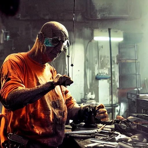 Image similar to half rusted old egg beater half stun - gun, balding older cyborg repairing, red hot soldering iron, dark messy smoke - filled cluttered workshop, dark, dramatic lighting, orange tint, cinematic, highly detailed, sci - fi, futuristic, movie still from blade runner