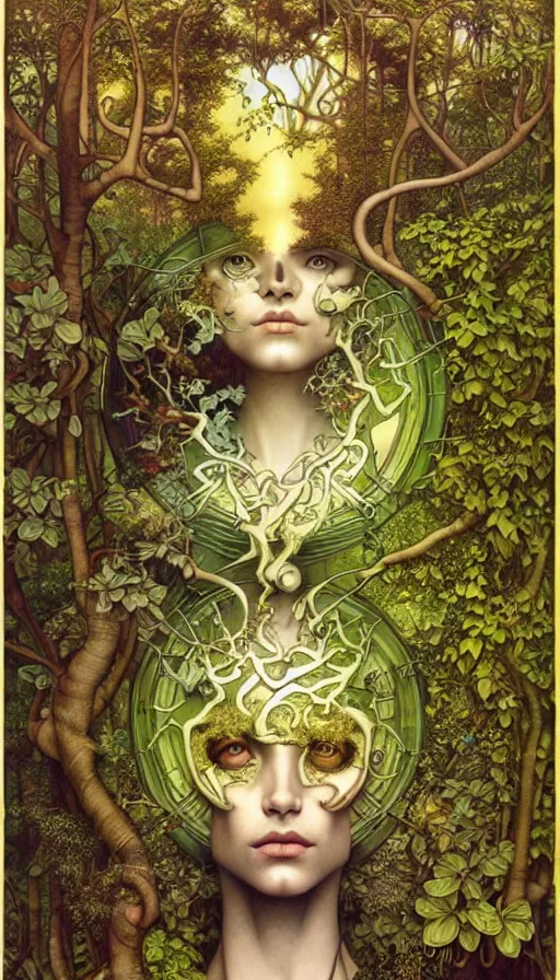 Prompt: M. C. Escher time machine, lush forest painted by tom bagshaw, mobius, mucha M. C. Escher, gold paint, ink, gnarly details