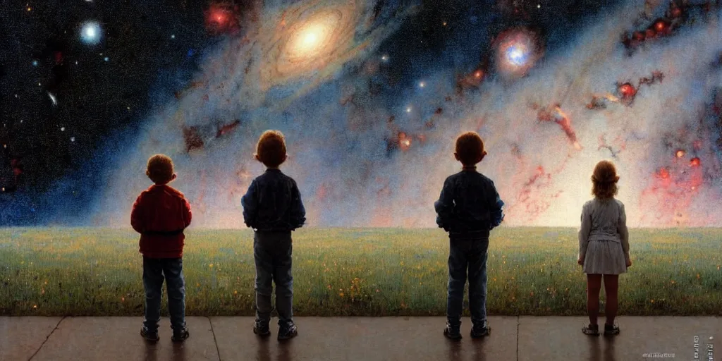 Image similar to a 5 year old boy and 1 2 year old girl looking at a wall and viewing the universe full of galaxies, imagination, part by norman rockwell, part by greg rutkowski, part by mattias adolfsson, high angle, ( ( ( ( volumetric lighting ) ) ) ), oil on canvas