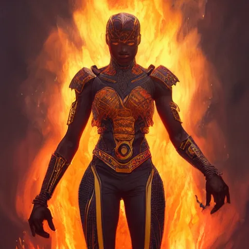 Image similar to a wakandan warrior wearing a fiery flamng armor, ultra realistic, concept art, intricate details, eerie, horror, highly detailed, photorealistic, octane render, 8 k, unreal engine. art by artgerm and greg rutkowski and alphonse mucha