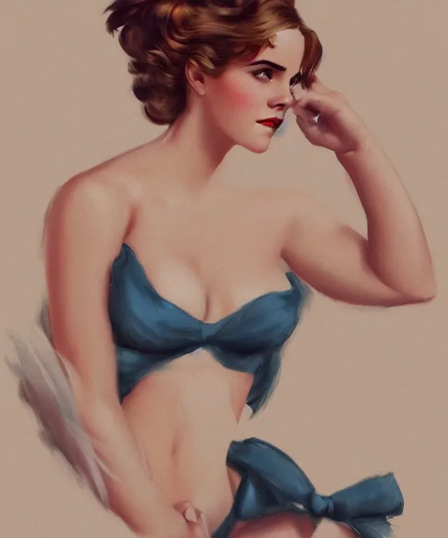 Image similar to emma watson pinup style full body portrait by Gil Elvgren, pinup pose, elegant, digital painting, trends on artstation, concept art