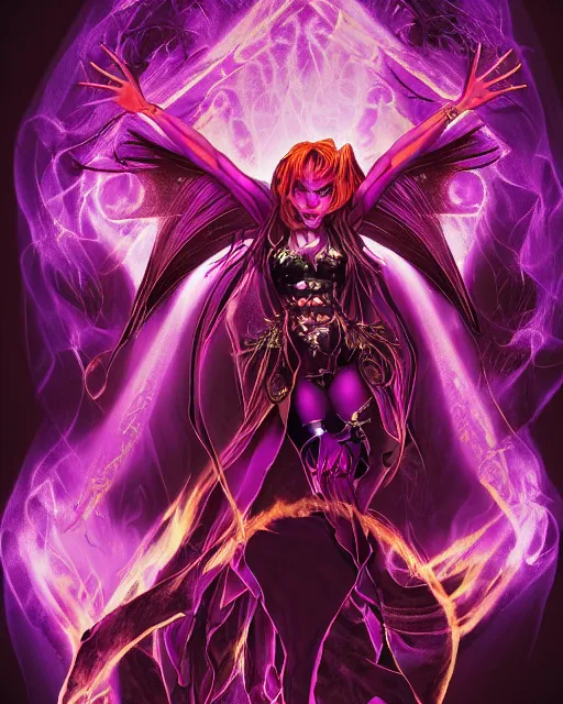 Prompt: pyromancer devil girl cover in purple death flames, deep pyro colors, purple laser lighting, award winning photograph, radiant flares, intricate, various refining methods, micro macro autofocus, evil realm magic painting vibes