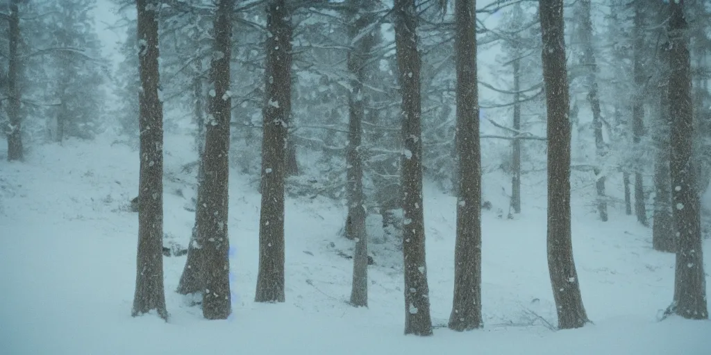 Image similar to photo, bigfoot faintly appears in the distance, barely able to be seen. cold color temperature, snow storm. hazy atmosphere. humidity haze. kodak ektachrome, greenish expired film, award winning, low contrast