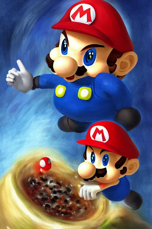 Prompt: mario eating kinopio in the style of saturn devouring his son, goya art, canvas painting, digital art, extremely detailed, photoshop, devouring, cannibalism, swallowing, humanoid mushroom