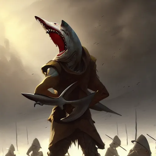 Image similar to anthropomorphic shark alone on a battlefield surrounded by corpses, casual clothes , horror , backlight, ,highly detailed, digital painting, artstation, concept art, matte, sharp focus, illustration, by Greg Rutkowski