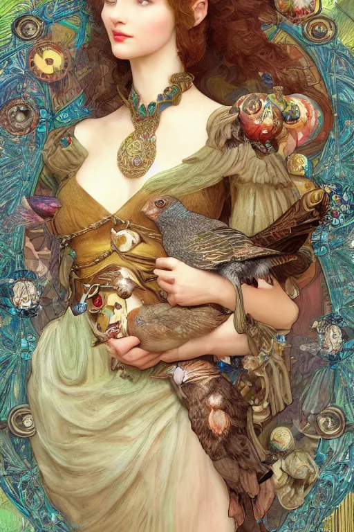 Image similar to zoomed in 3 d render of english princess holding birds, ornaments, mucha vibe, dieselpunk, solarpunk, artstation