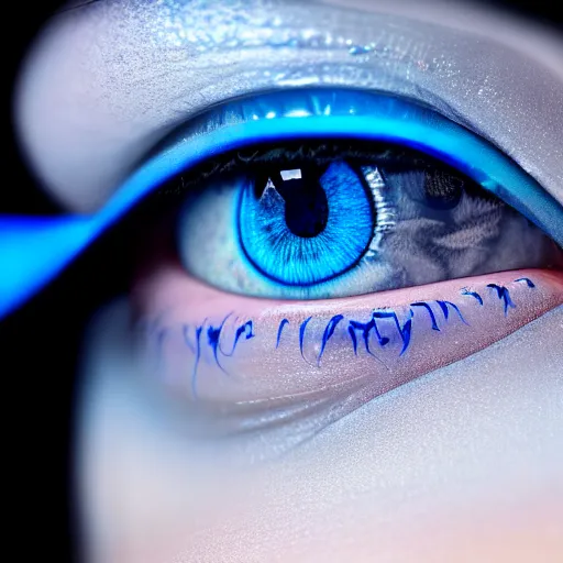 Prompt: macro photography of a hyper realistic stunning woman cyberpunk blue eye. black pupil, blue iris, natural skin no make up. studio shot, epic scale, insanely complex, hyper detailed, sharp focus, hyper realism, artstation, cgsociety, 8 k, unreal engine 5