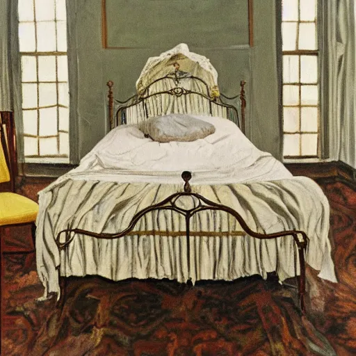 Image similar to painting of ema stone on a victorian bed in a big old room, wide shot by lucian freud