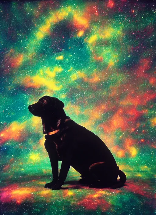 Image similar to a lumpy dog, body like a cloud, black, mutt, pitt, lab, short, fat, photorealistic leica s photograph, in outer space, kodachrome, psychedelic, platon