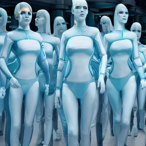 Prompt: troop ofcloned women with white bob hairdos, tight light blue neopren suits, futuristic production facility, sci - fi, highly detailed, cinematic