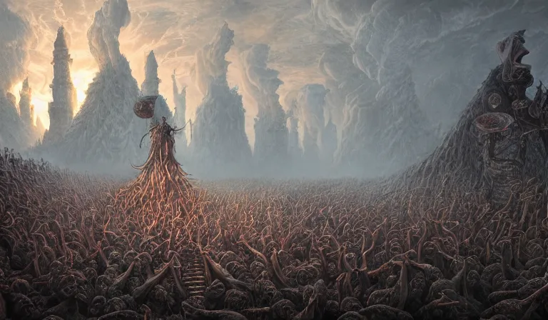 Prompt: hyper-detailed photo of a sacred undead ceremony, 8k, ultra detail, hyperrealism, science-fantasy, concept art, cinematic accent lighting, photographic, Zdzislaw Beksinski, Alexander Fedosov, Dan Mumford, soft light, divine proportion, hyper-detailed