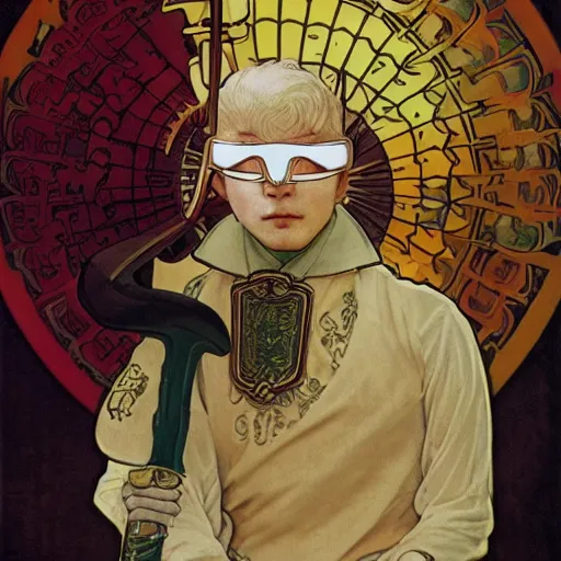 Prompt: portrait : : clearly visible face : : : swashbuckling albino rogue wearing ss uniform leather armor with hand on hilt : : tang dynasty sword with blowtorch flame for blade : : goggles pushed up on forehead : : concept art by rutkowski and alphonse mucha and barlowe