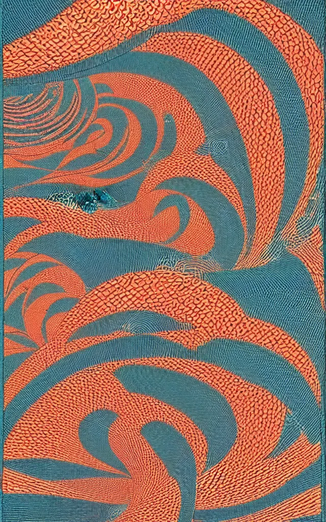 Image similar to wave, particle, synth, frequencies, pattern, oscillation. wave-particle duality. beautiful japanese embroidery. Retro art by jean giraud.