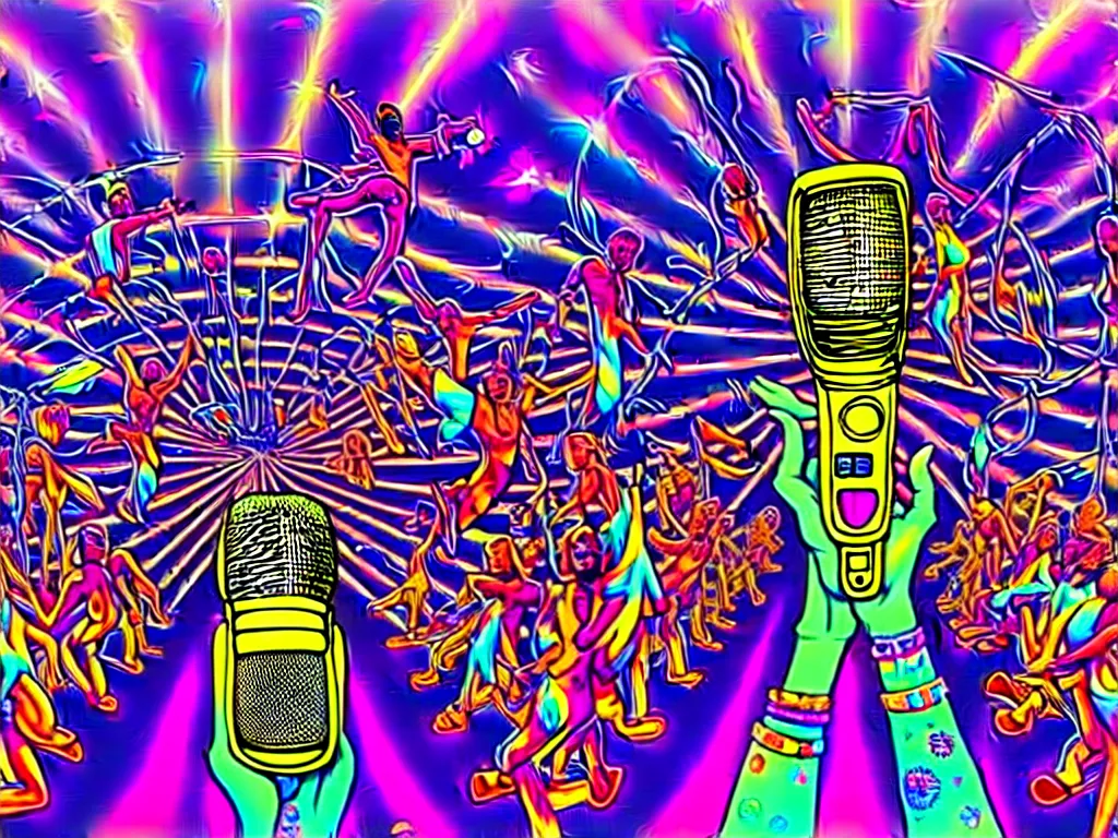 Image similar to rapping on stage at festival, holding microphone, giant crowd, epic angle, happy, psychedelic, hip hop, surreal, neon, vaporwave, detailed, illustrated by Alex Grey, 4k