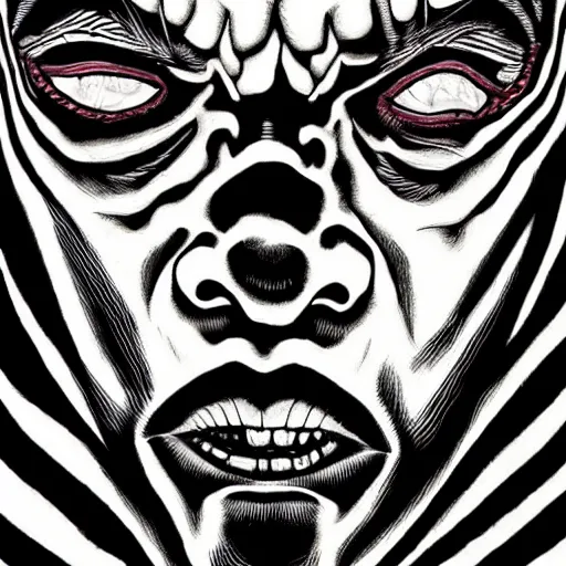 Image similar to detailed print of man wearing corpse paint. Artwork by Junji Ito and dan Mumford