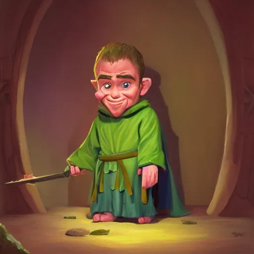 Image similar to An oil painting by Beeple of a Halfling thief, scared face, handsome, dressed in a cloak