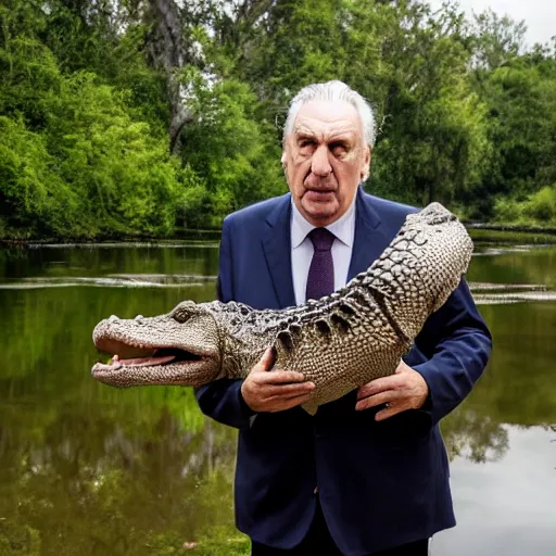 Prompt: Miloš Zeman with an alligator, movie still, 4k