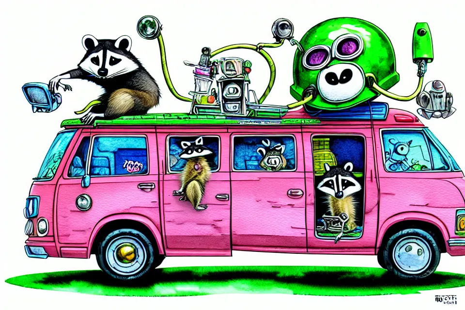 Image similar to cute and funny, racoon wearing a helmet riding in a mystery machine van, ratfink style by ed roth, centered award winning watercolor pen illustration, isometric illustration by chihiro iwasaki, edited by range murata, tiny details by artgerm and watercolor girl, symmetrically isometrically centered, sharply focused