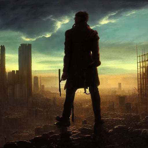 Image similar to wanderer with night vision goggles, dramatic light, sunset, sunrays, cyberpunk city in the background, ruins, buildings, dystoptian, gorgeous view, depth, painted by Caspar David Friedrich, clouds, tending on artstation