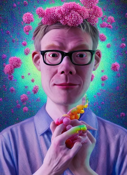 Image similar to hyper detailed 3d render like a Oil painting - kawaii portrait of Hank Green in Aurora (Singer) seen Eating of the Strangling network of yellowcake aerochrome and milky Fruit and Her delicate Hands hold of gossamer polyp blossoms bring iridescent fungal flowers whose spores black the foolish stars by Jacek Yerka, Mariusz Lewandowski, Houdini algorithmic generative render, Abstract brush strokes, Masterpiece, Edward Hopper and James Gilleard, Zdzislaw Beksinski, Wolfgang Lettl, hints of Yayoi Kasuma, octane render, 8k