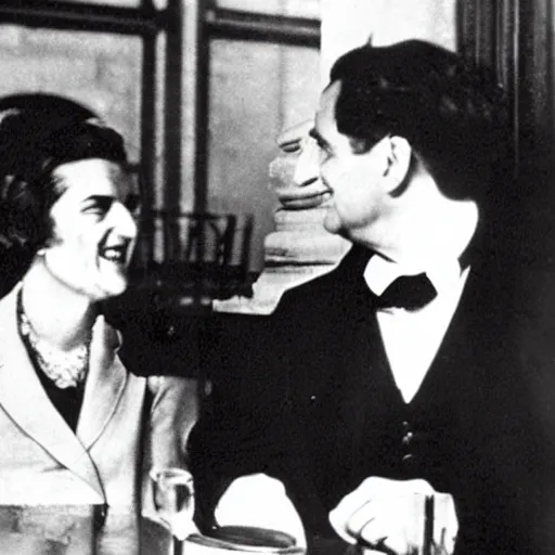 Image similar to Karl Marx und Ayn Rand laughing, photo 1960, Restaurant backround