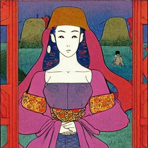 Prompt: interesting maximalist elaborate portrait of a beautiful medieval girl, in the style of kawase hasui and paul klee HD