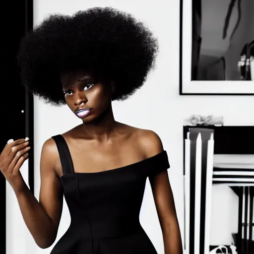 Prompt: Close up of a beautiful black female fashion model with huge hair wearing an edgy black dress in room of mirrors, photography ,vogue magazine editorial