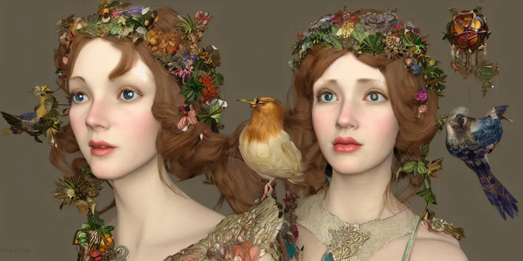 Image similar to face 3 d render of english princess holding birds, ornaments, mucha vibe, dieselpunk, solarpunk, artstation