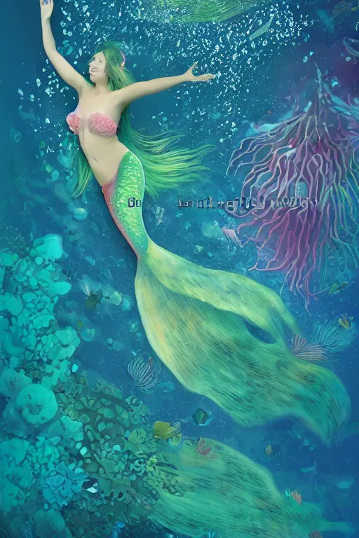 Image similar to beautiful mermaid swimming through bioluminescent algae coral reefs by dang my linh