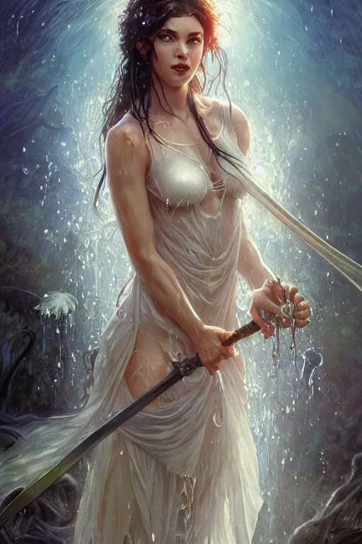 Prompt: portrait of a beautiful spiderwoman wearing a white dress, holding a sword, drenched body, wet dripping hair, emerging from the water, fantasy, regal, fractal crystal, fractal gems, by ross tran, stanley artgerm lau, greg rutkowski, thomas kindkade, alphonse mucha, loish, norman rockwell