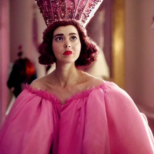 Image similar to an infallible princess wearing a pink dress and cone shaped hat, high resolution film still, live-action film by Tim Burton and Simon Langton